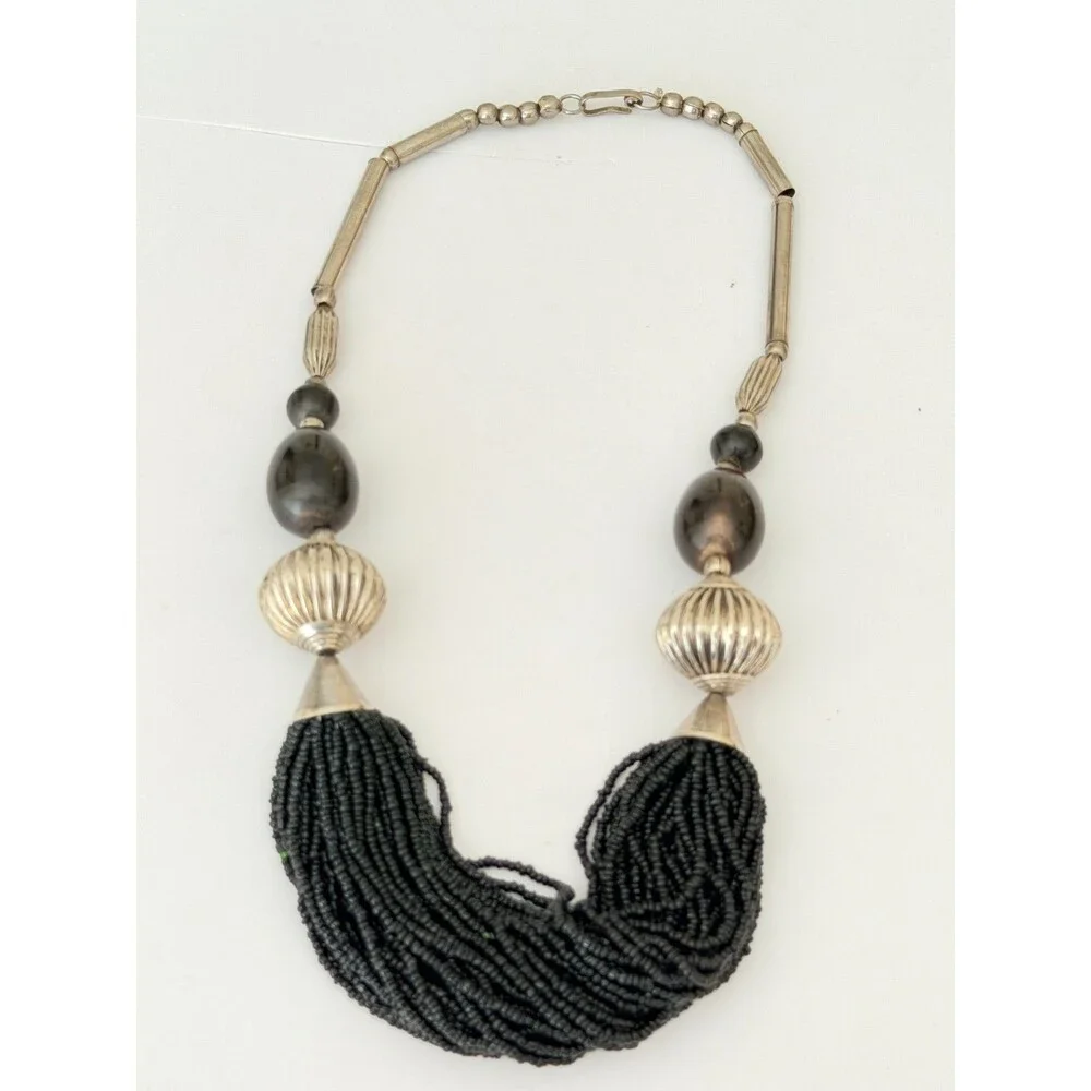 Vintage Silver Tone & Black Multi-Strand Seed Bead Bib Statement Necklace